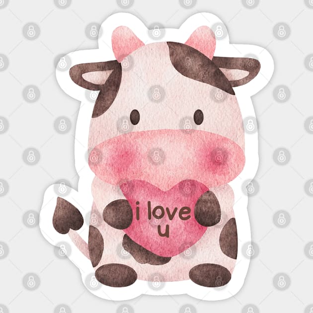 I Love You Cute Cow Holding Heart Valentines Day Couple Gift Sticker by Illustradise